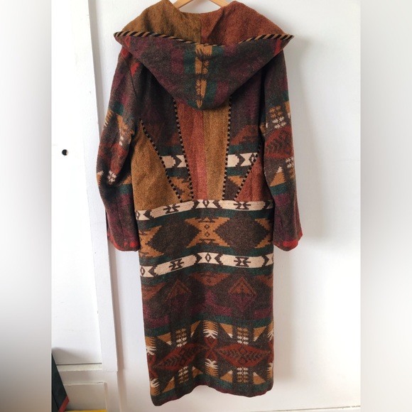 Vintage 80s 90s Southwestern Hooded Wool Blanket Coat / Wool Duster Coat - Picture 12 of 16